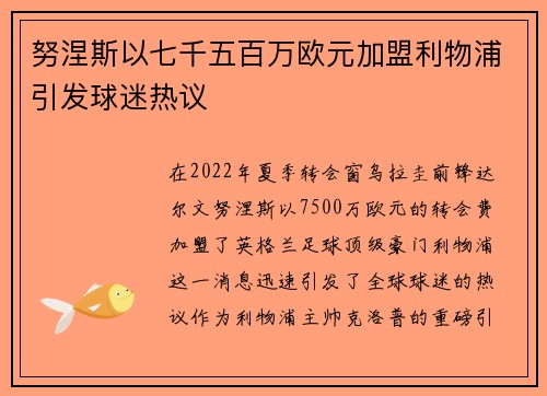 努涅斯以七千五百万欧元加盟利物浦引发球迷热议 努涅斯以七千五百万欧元加盟利物浦引发球迷热议